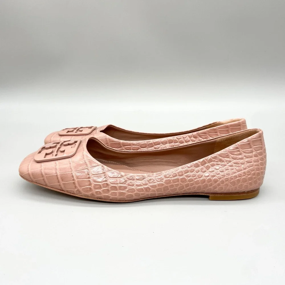 Tory Burch Georgia Ballet Flats Womens 9.5M Pink Croc Leather Square Toe Preppy